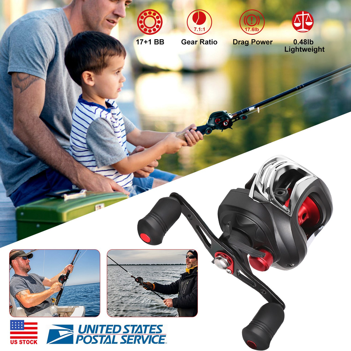 Baitcasting Fishing Reel, Right-Hand, 17.5 lb Drag
