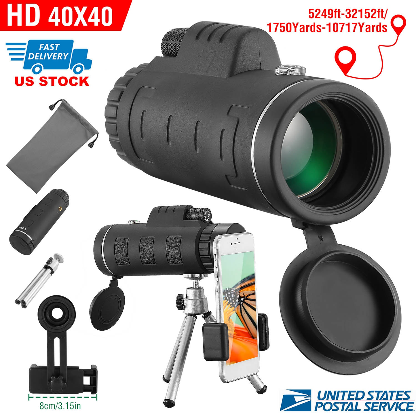 40x40 HD Monocular Telescope with Phone Adapter