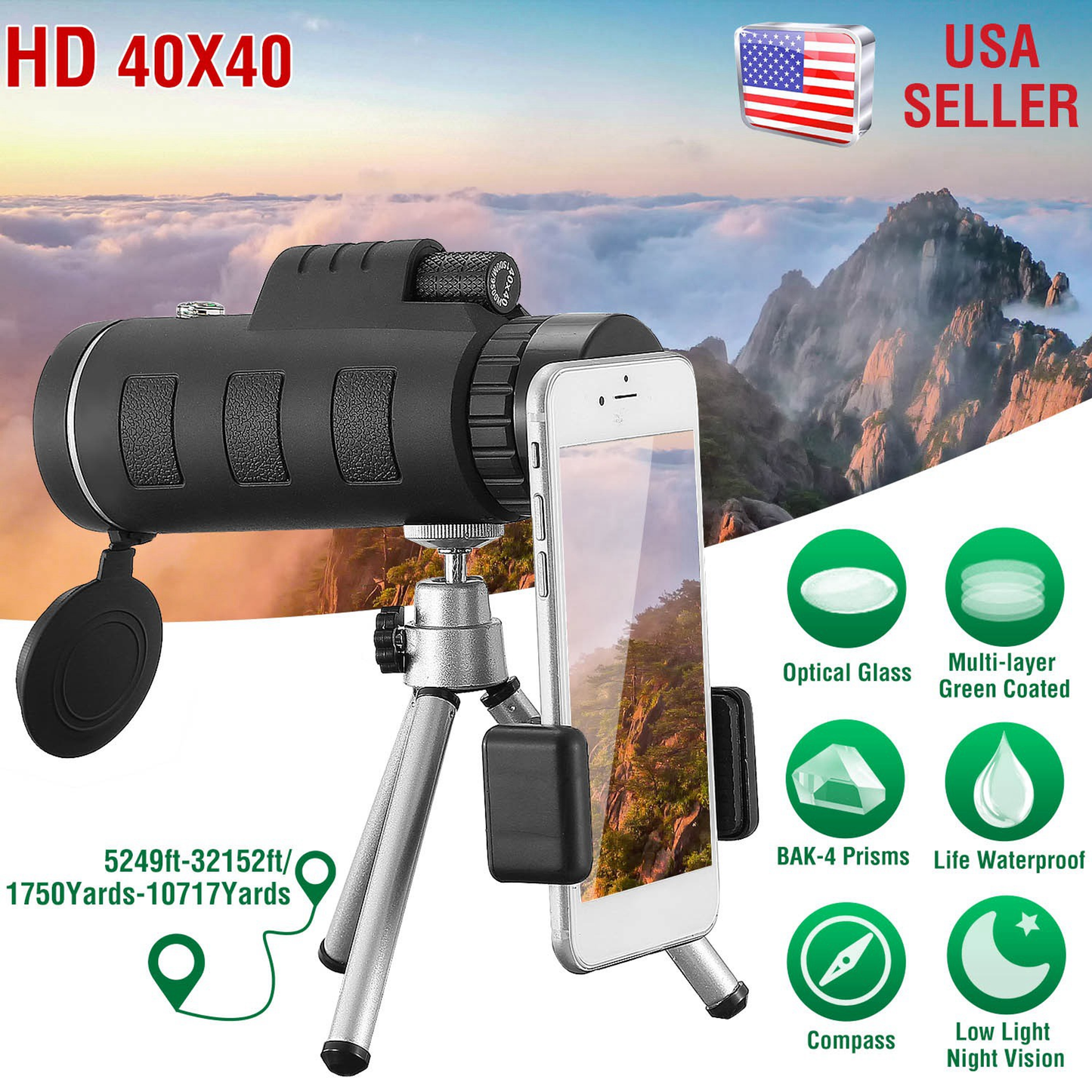 40x40 HD Monocular Telescope with Phone Adapter
