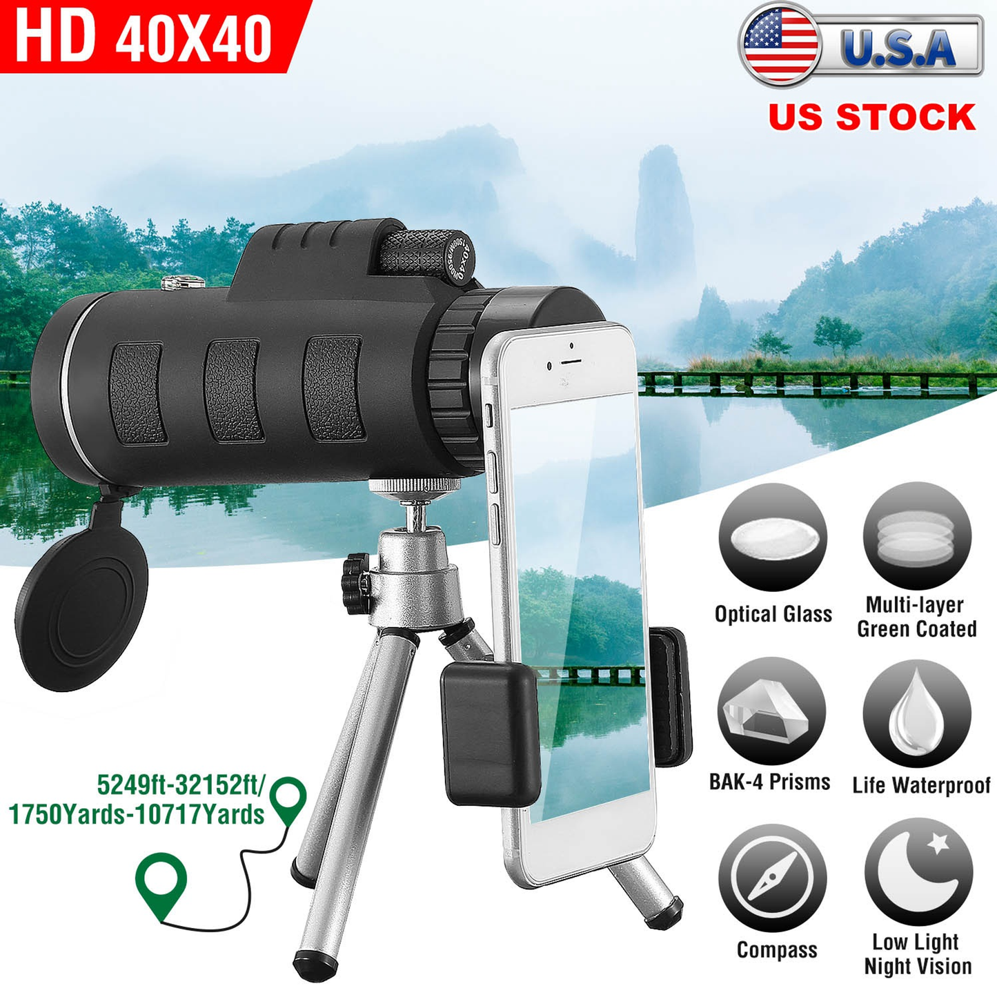 40x40 HD Monocular Telescope with Phone Adapter