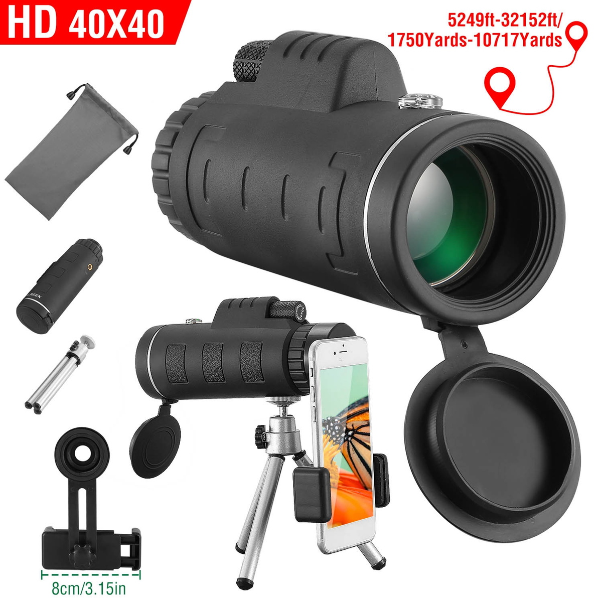 40x40 HD Monocular Telescope with Phone Adapter