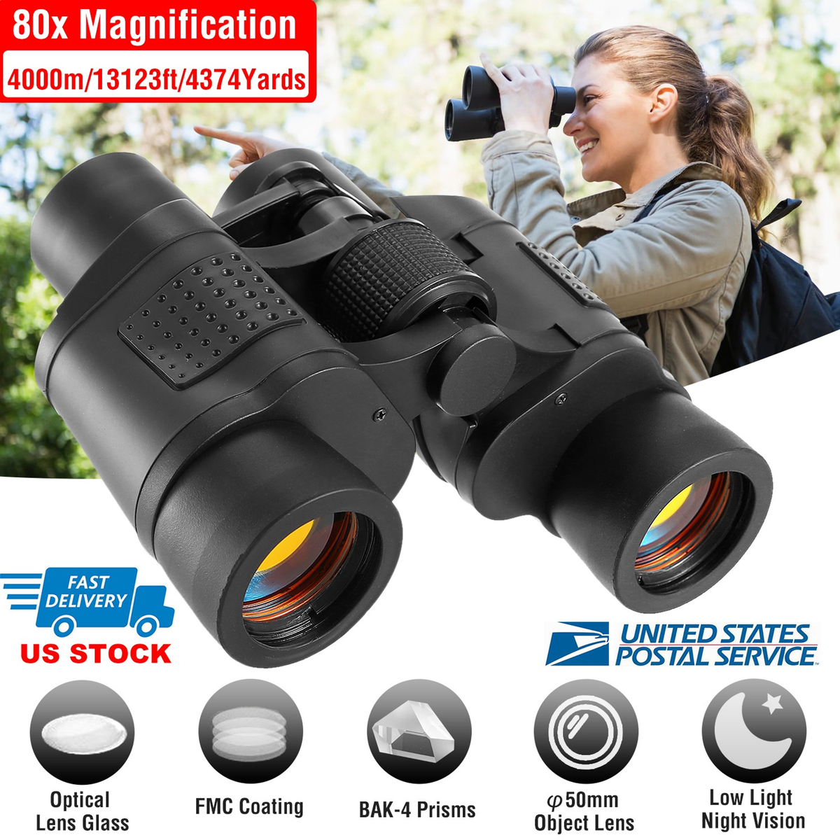 Portable HD Binoculars with FMC Lens, Low Light