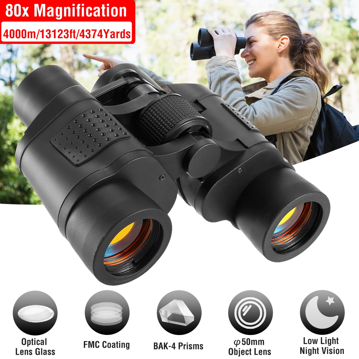 Portable HD Binoculars with FMC Lens, Low Light