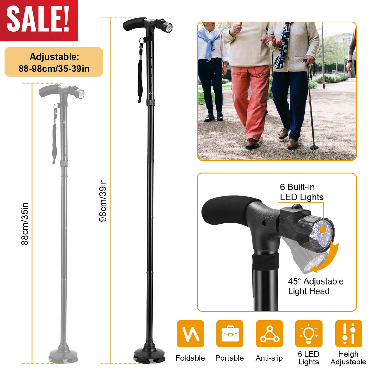 Foldable Walking Cane with 6 LED Lights