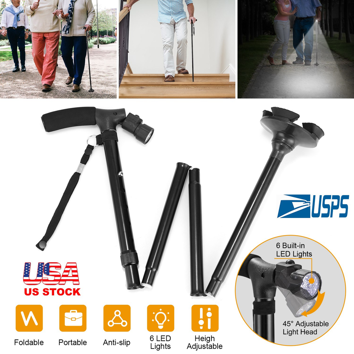 Foldable Walking Cane with 6 LED Lights