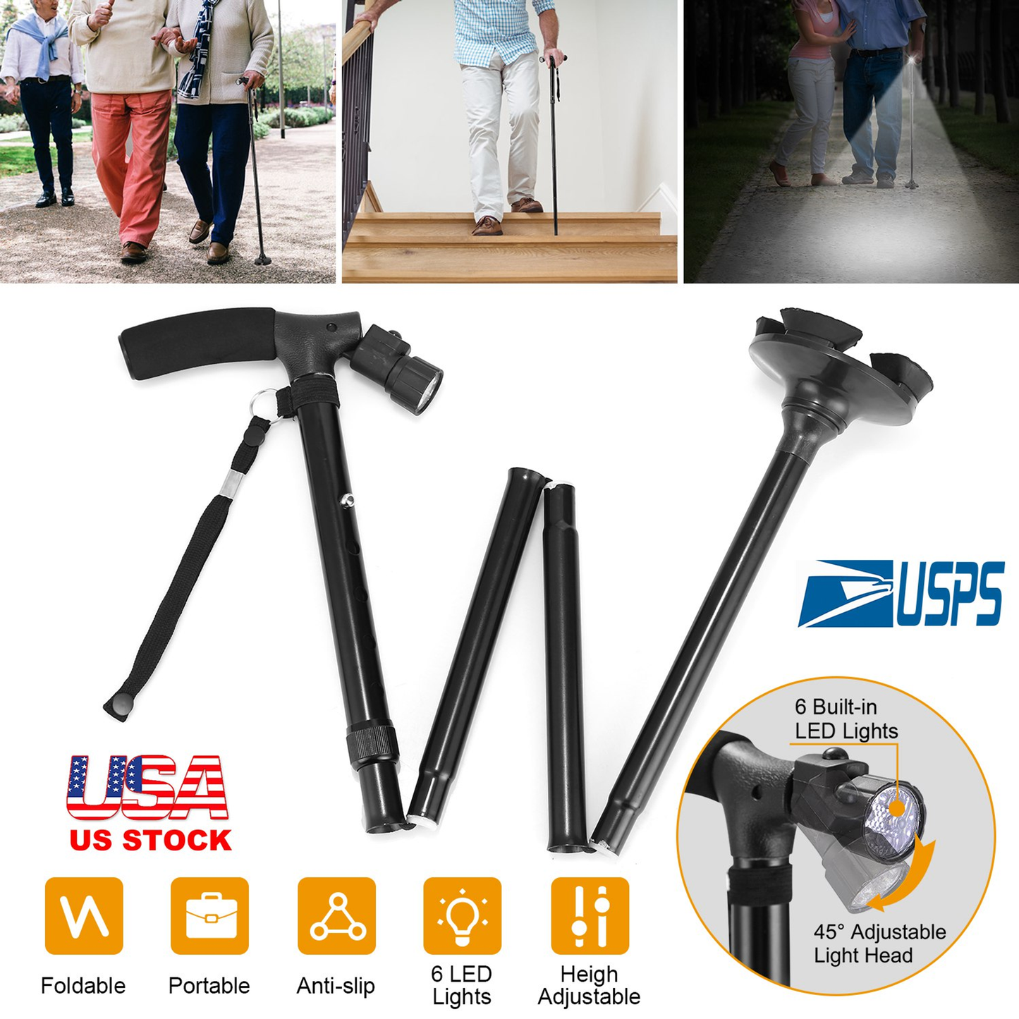 Foldable Walking Cane with 6 LED Lights