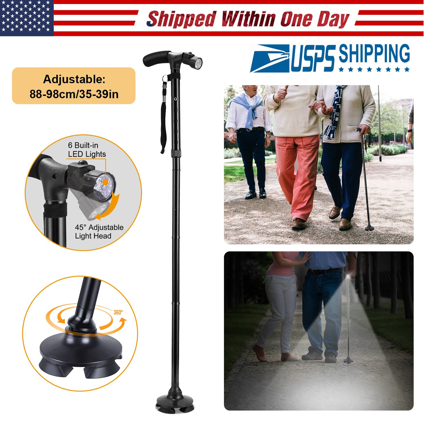 Foldable Walking Cane with 6 LED Lights