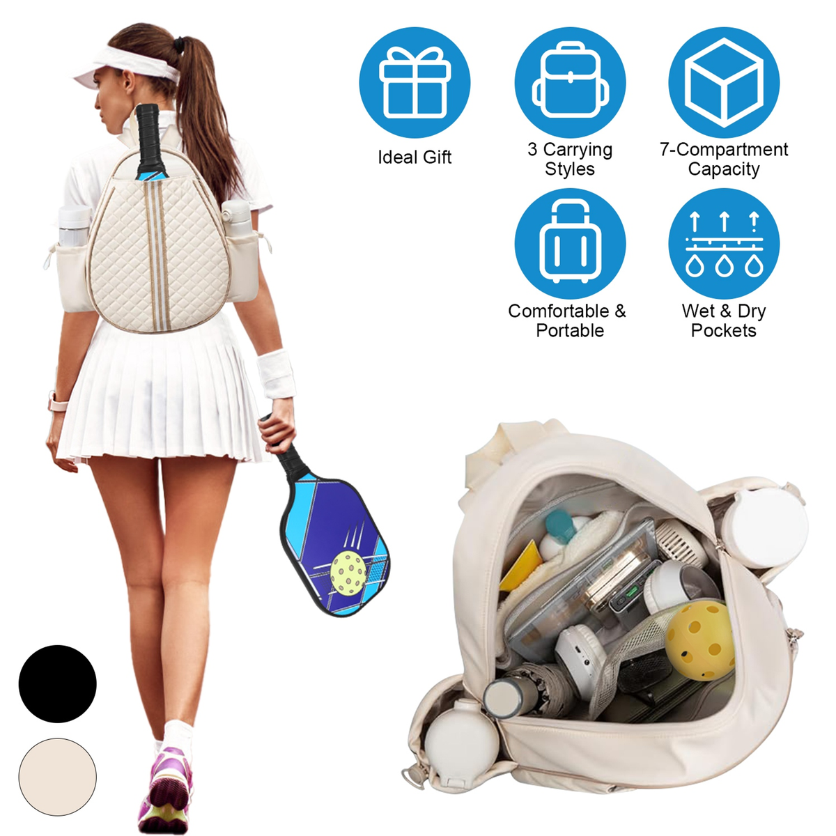 Pickleball Sling Bag with 7 Compartments - Black