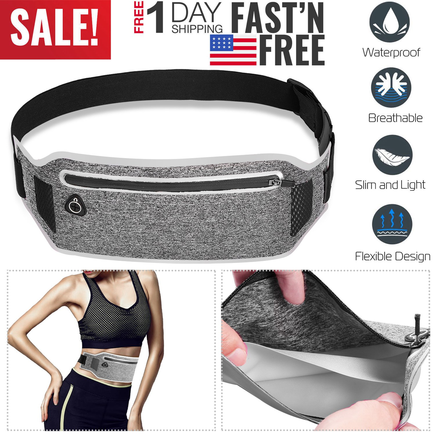Sport Waist Bag Running Belt with Reflective Strip - Silver