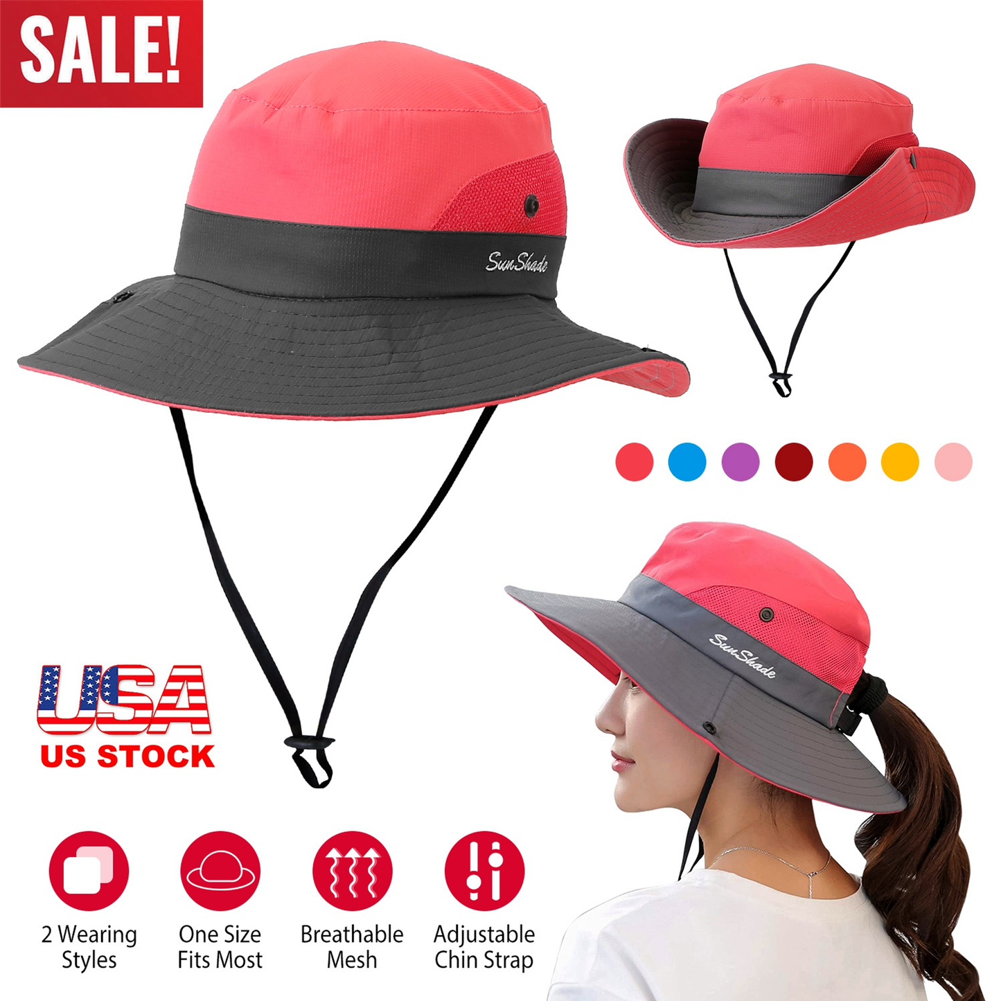Ponytail Sun Bucket Hat, Dark Red