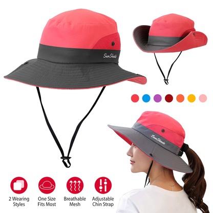 Ponytail Sun Bucket Hat, Dark Red