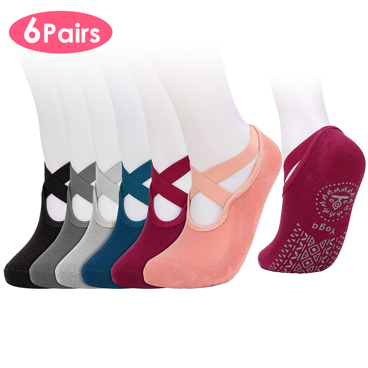 Women's Non-Slip Yoga Socks, 6 Pairs