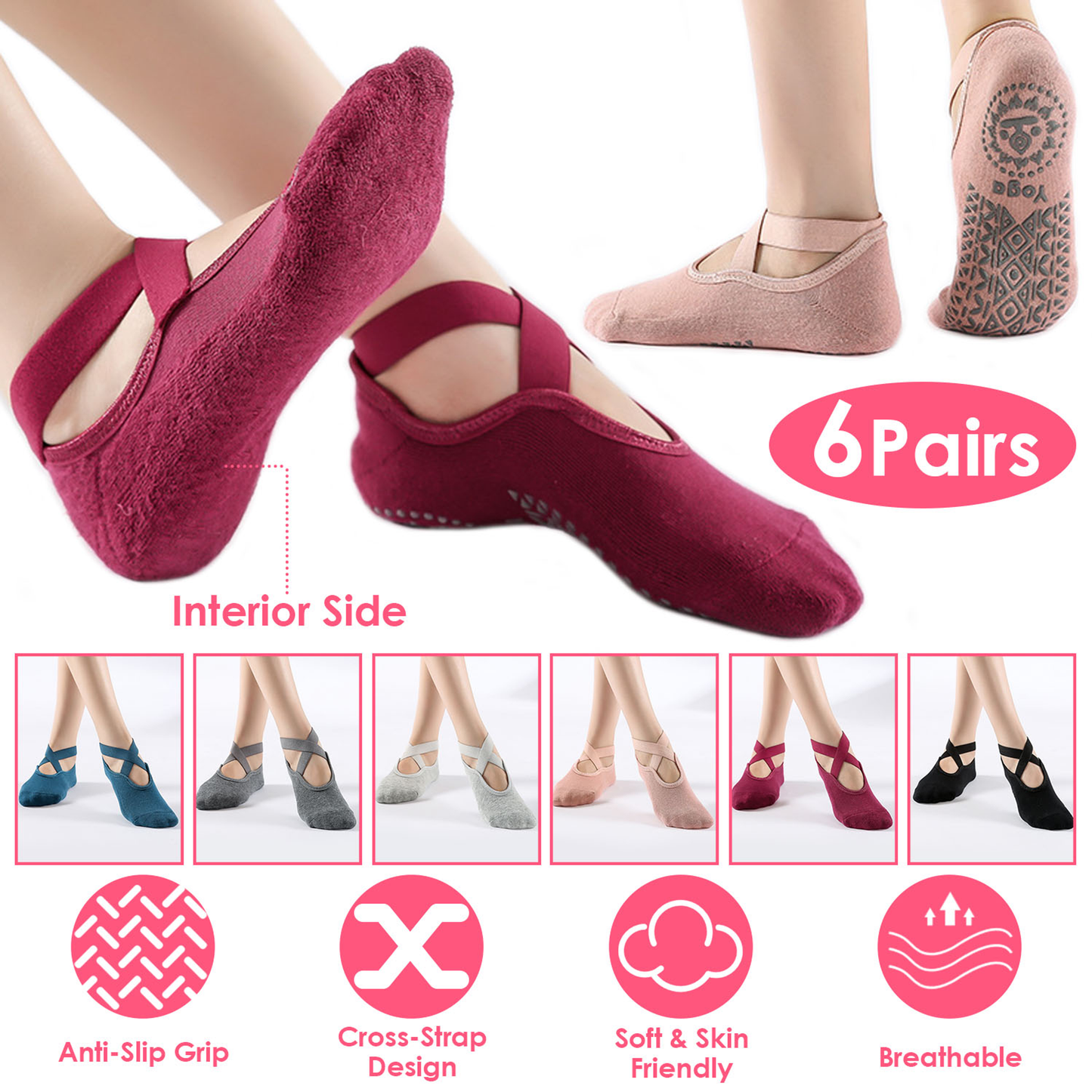 Women's Non-Slip Yoga Socks, 6 Pairs