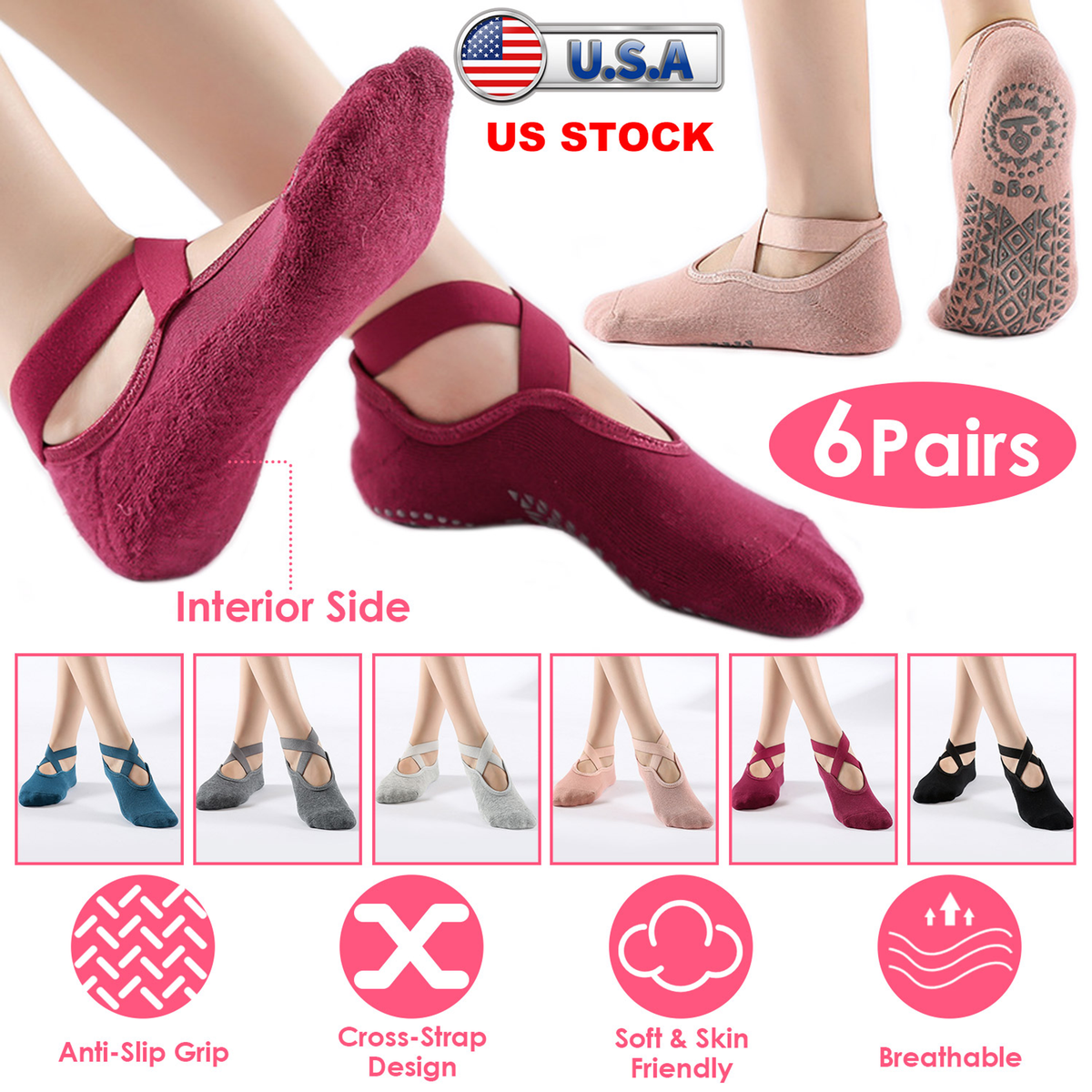 Women's Non-Slip Yoga Socks, 6 Pairs