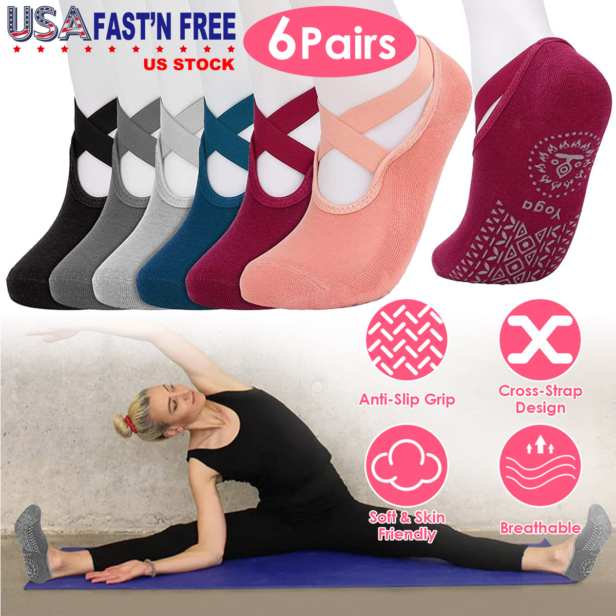 Women's Non-Slip Yoga Socks, 6 Pairs