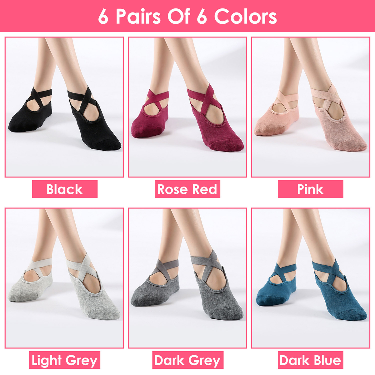 Women's Non-Slip Yoga Socks, 6 Pairs
