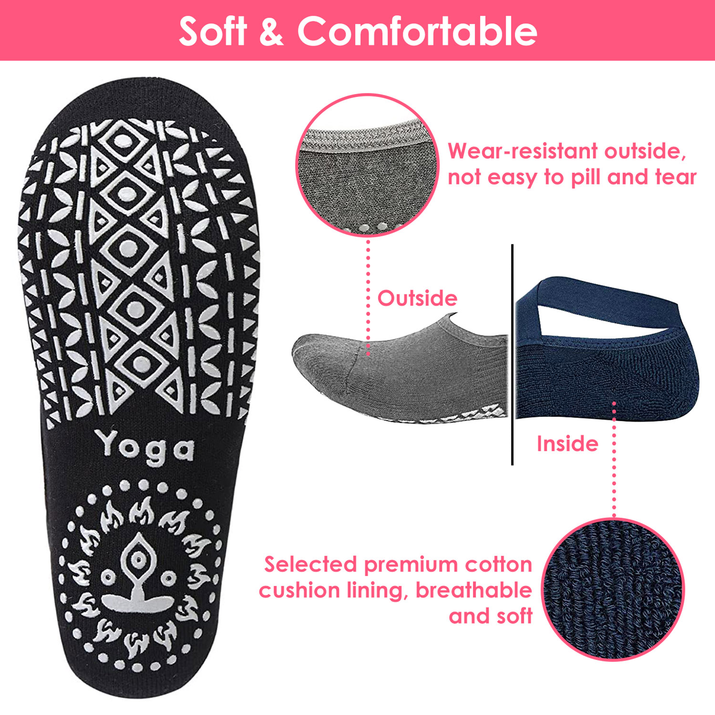 Women's Non-Slip Yoga Socks, 6 Pairs