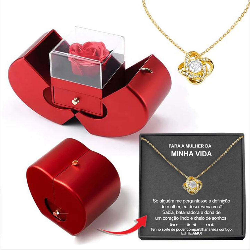 Eternal rose apple box with gold clover necklace and Portuguese message card