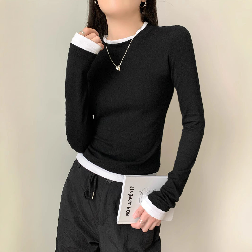 Women's Faux Two-Piece Long Sleeve Slim Fit T-Shirt Tee