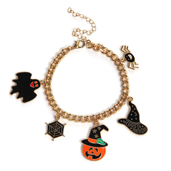 Halloween themed bracelet with pumpkin head, ghost wizard hat, festive ornaments