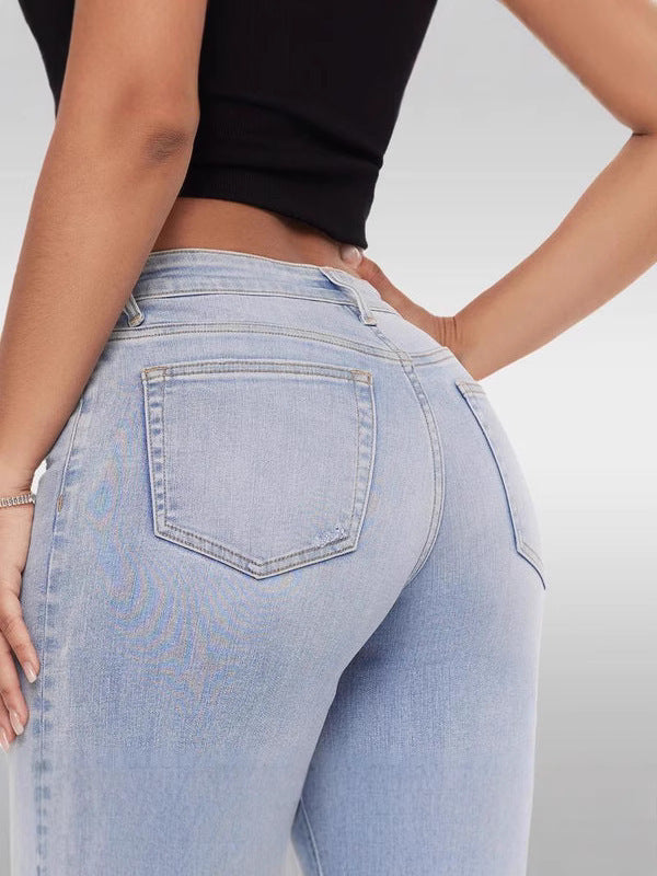 Women's High Elastic Butt-Lifting Mid-Waist Wide-Leg Denim Jeans