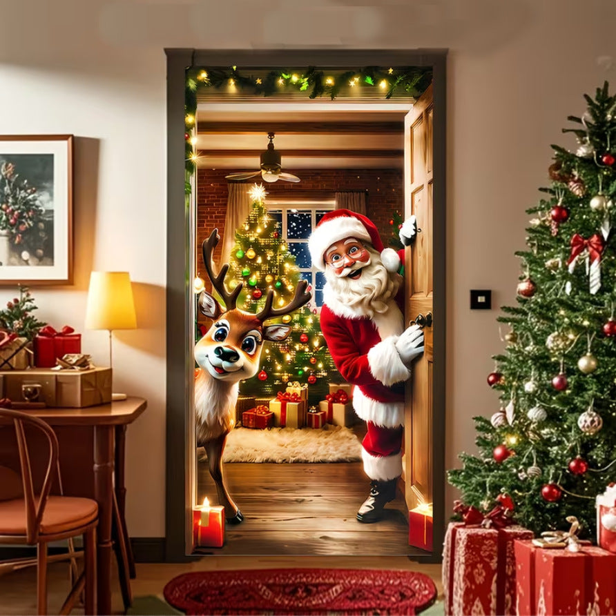 Milk Silk Christmas Door Banner Reindeer Santa Claus Design Festive Party Decoration Hanging Cloth for Home Living Room Bedroom
