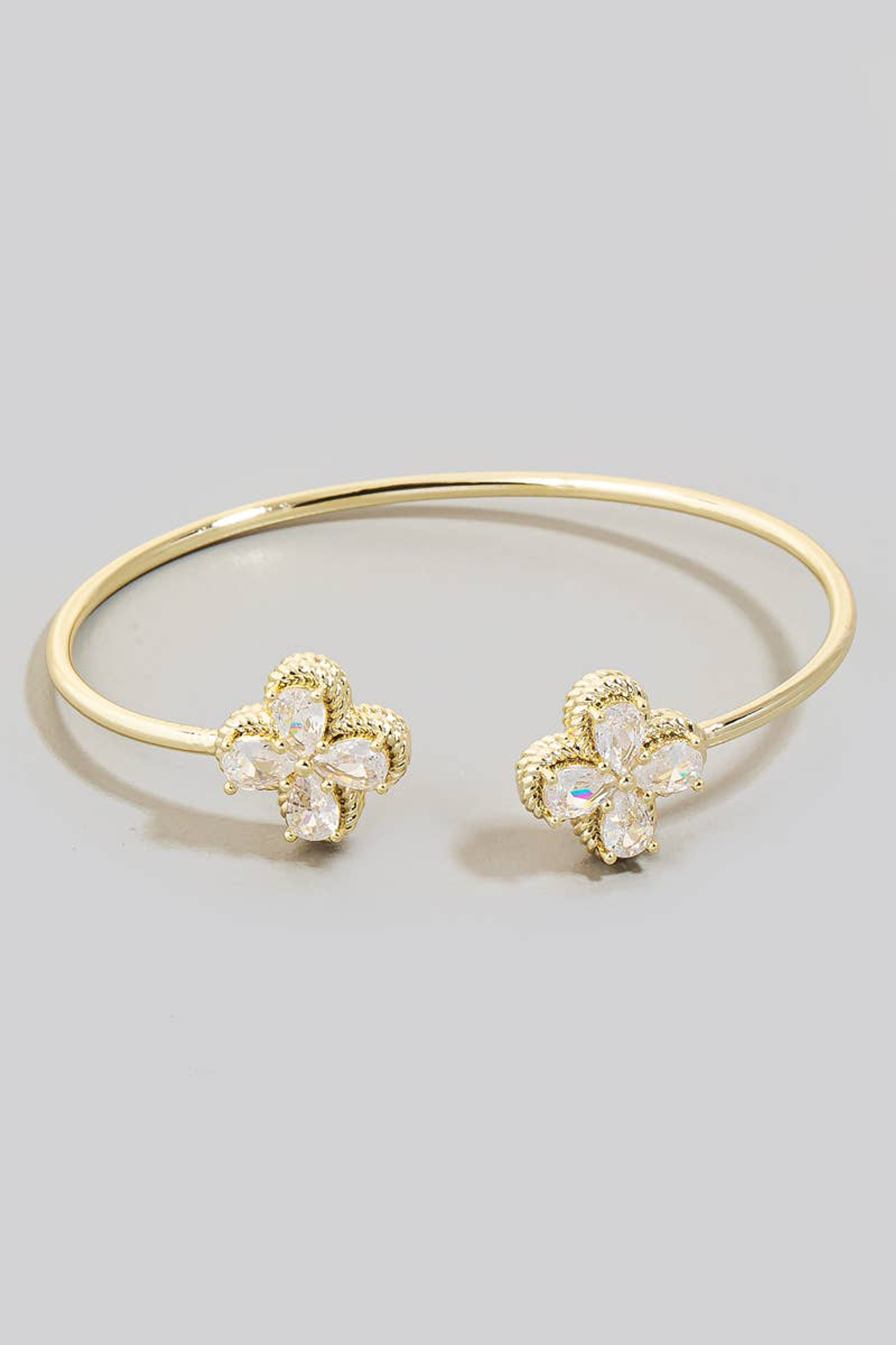 Gold Dipped Double CZ Halo Clover Cuff Bracelet