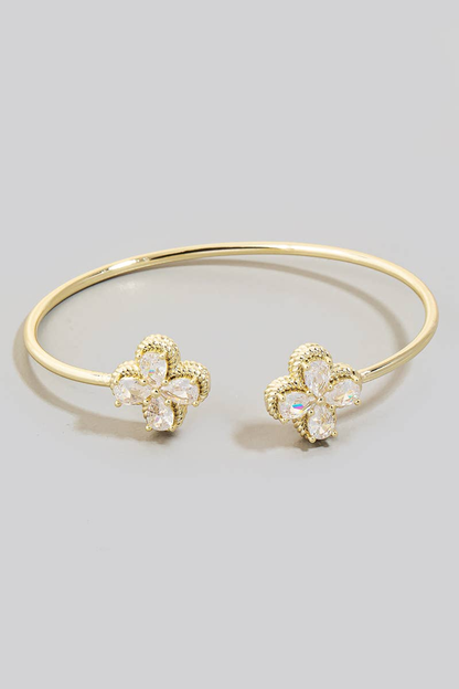Gold Dipped Double CZ Halo Clover Cuff Bracelet