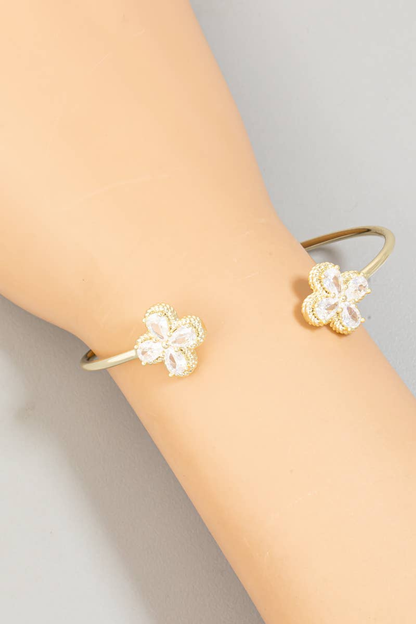 Gold Dipped Double CZ Halo Clover Cuff Bracelet
