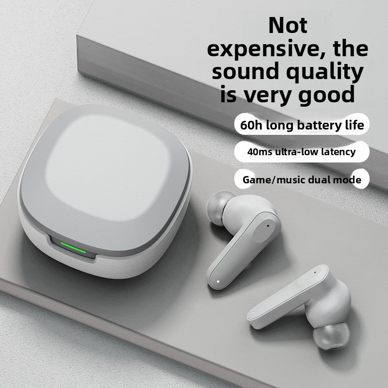 White earbuds beside a charging case with 60h battery and 40ms latency callouts