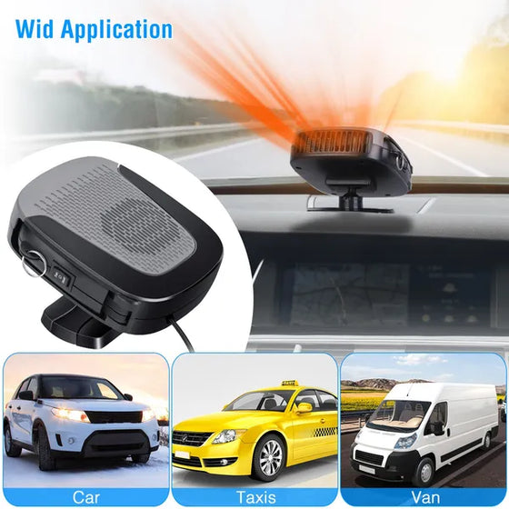 Car heater on a dashboard with vehicle types it suits