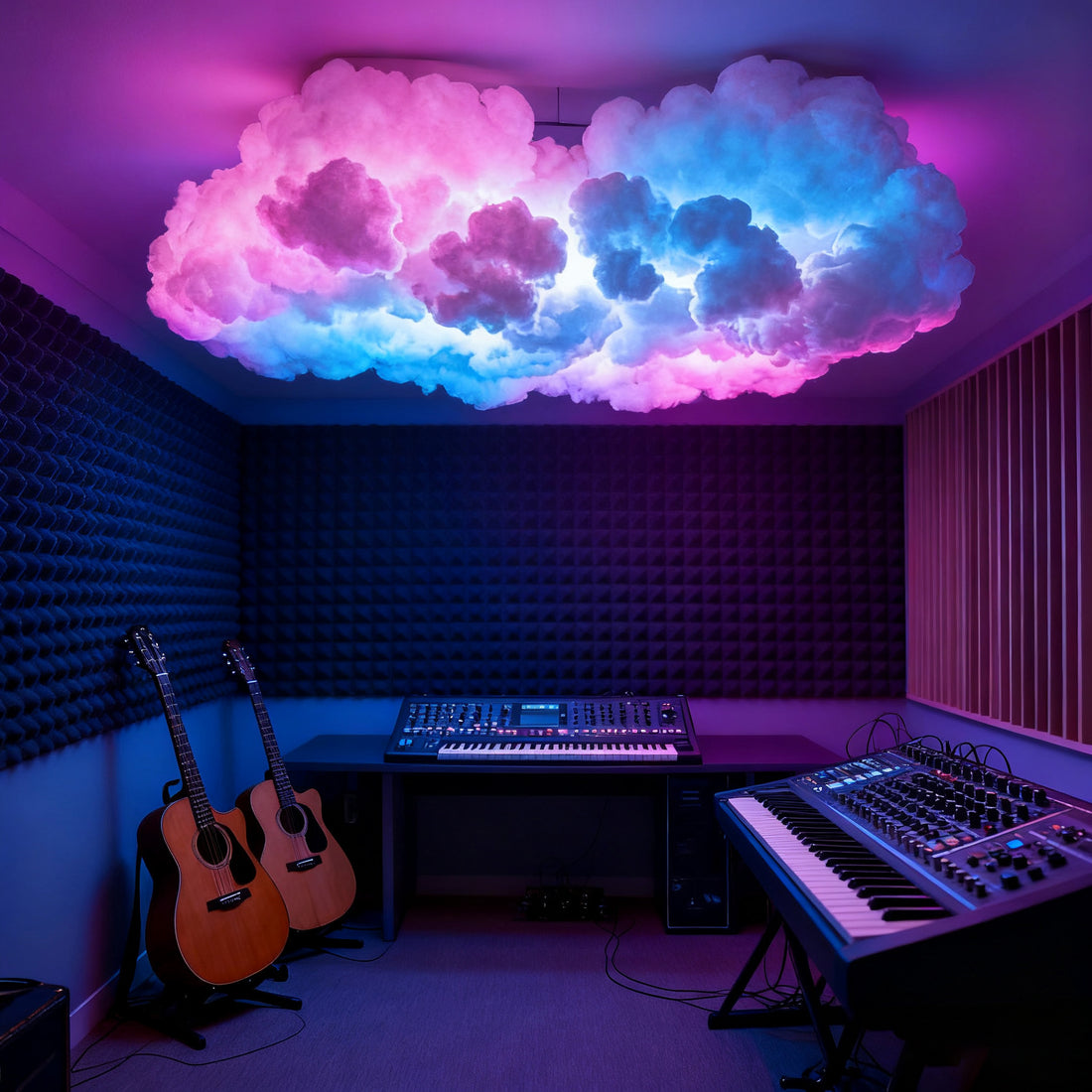 Colorful cloud lamp over a music room with guitars and a keyboard