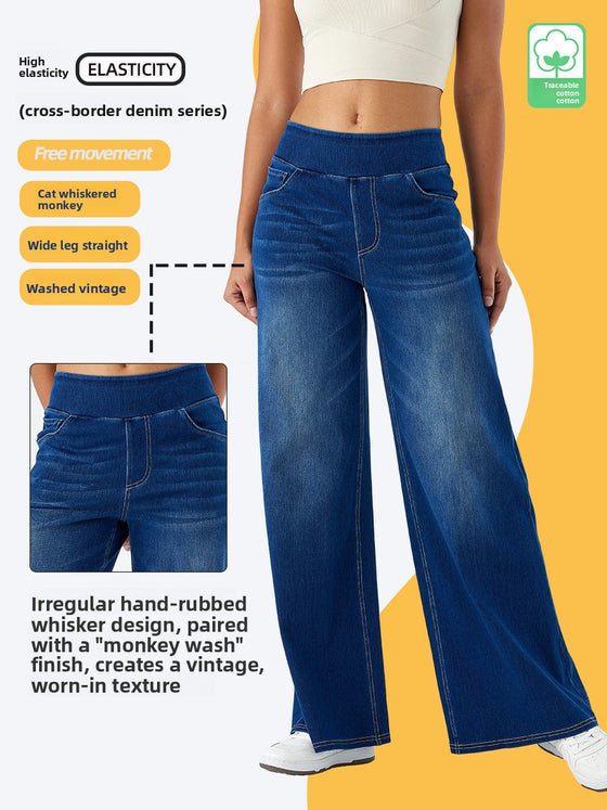 Woman in blue wide-leg jeans with a pull-on waist and wash details