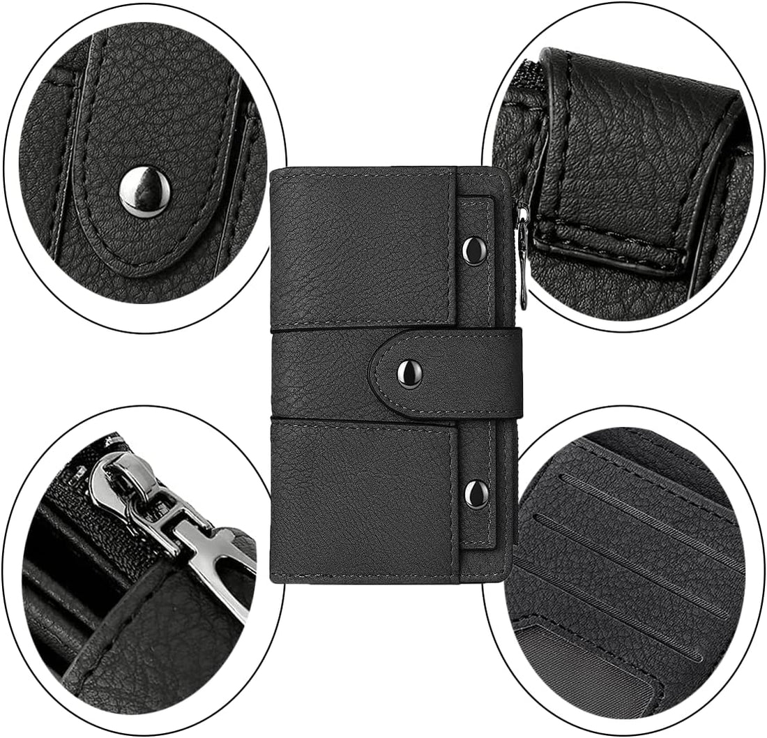 Close-ups of the snap tab and zipper on the black wallet