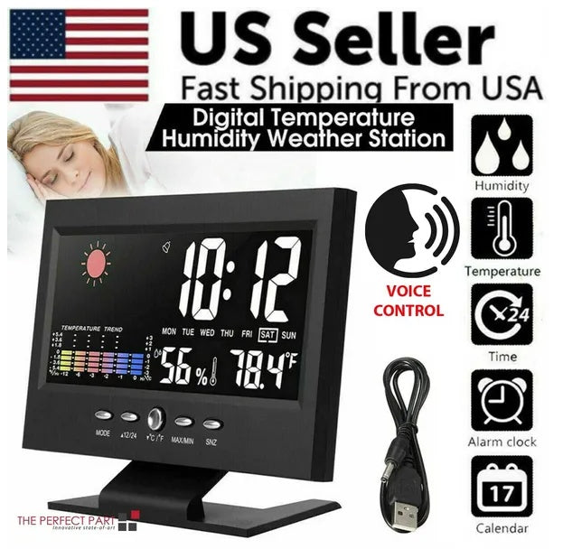 Black LED digital alarm clock with feature icons for humidity, temperature, time and alarm