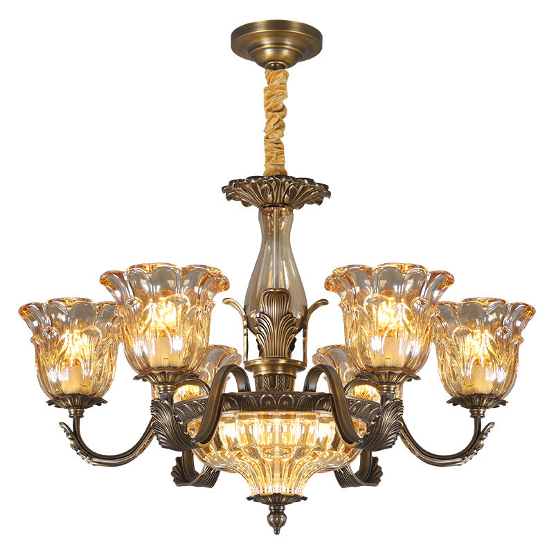 All-Copper American Retro Multi-Head Chandelier Glass Shade Pendant Light for Living Room Dining Room