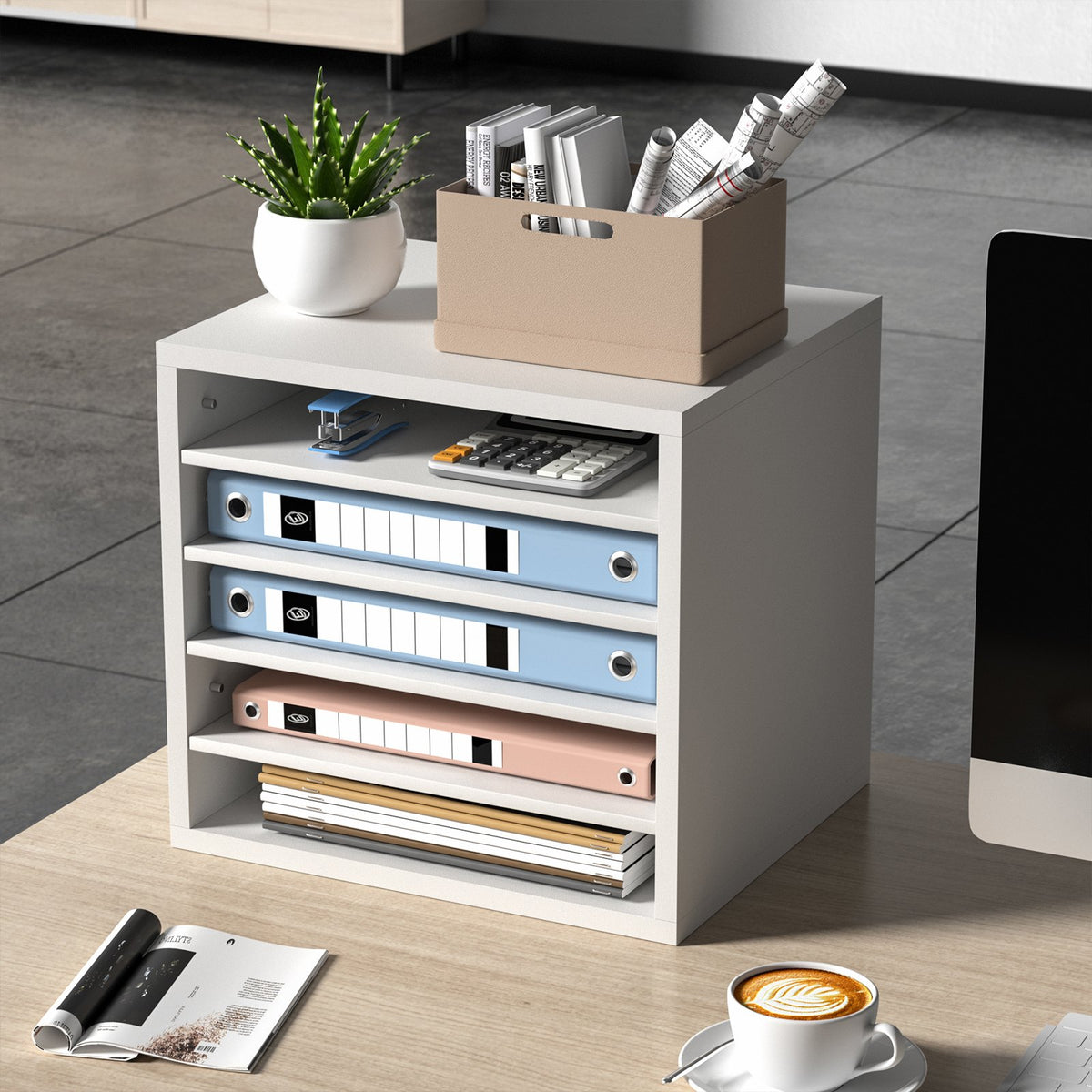 5 Compartment Wood Literature Organizer with Adjustable Shelves