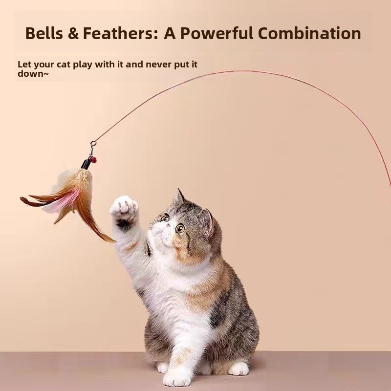 Interactive Cat Teaser Toy with Feathers and Bell, Durable Wire Wand for Kitten Play