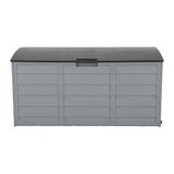 Grey deck box shown closed with lockable lid