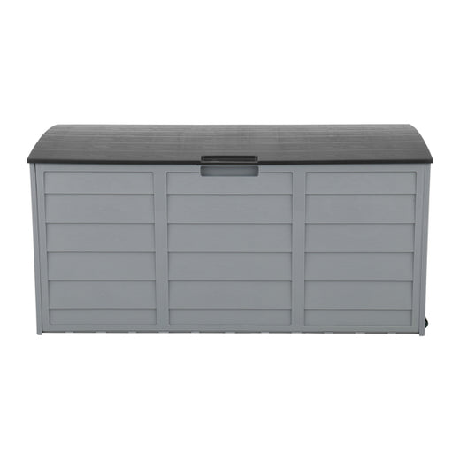 Grey deck box shown closed with lockable lid