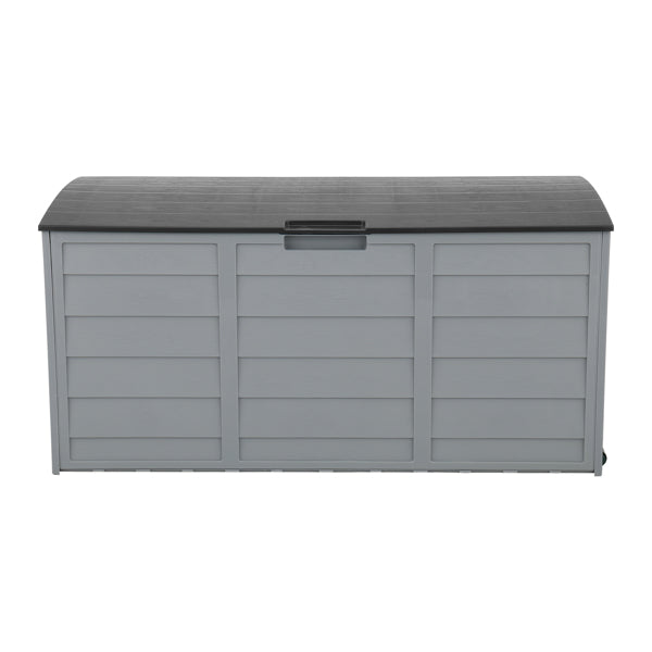 Grey deck box shown closed with lockable lid