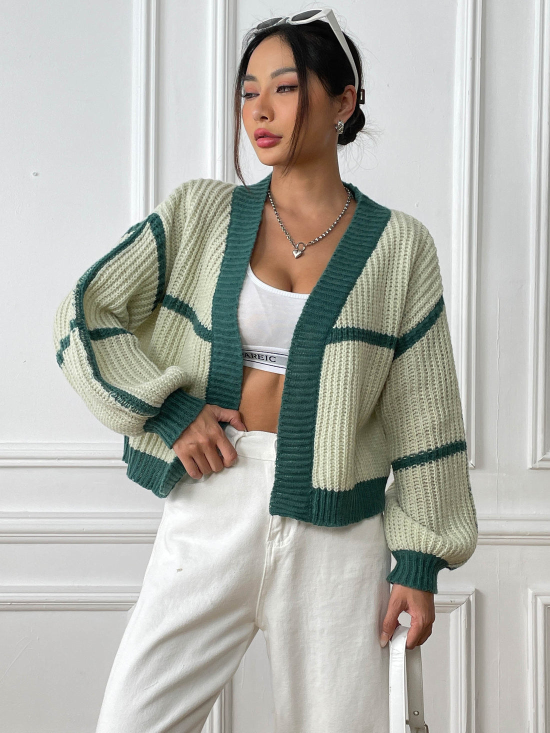 Women's color-block knit cardigan with lantern sleeves, photo 7