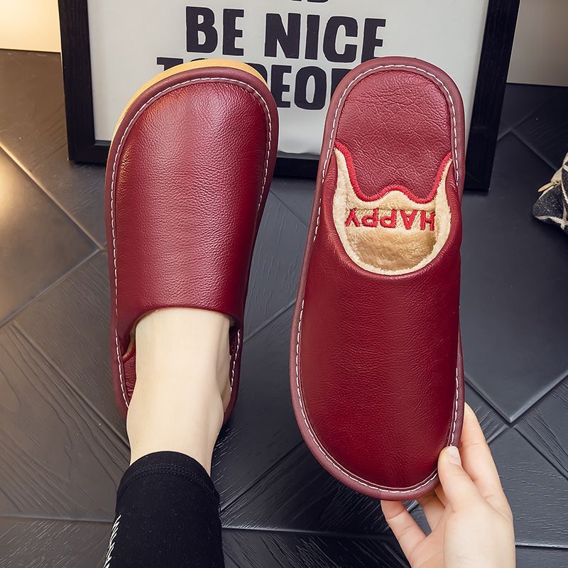 Genuine Leather Plush Lined Non-Slip Thick Sole Closed Toe Indoor Home Slippers for Men Women Winter Warm House Shoes