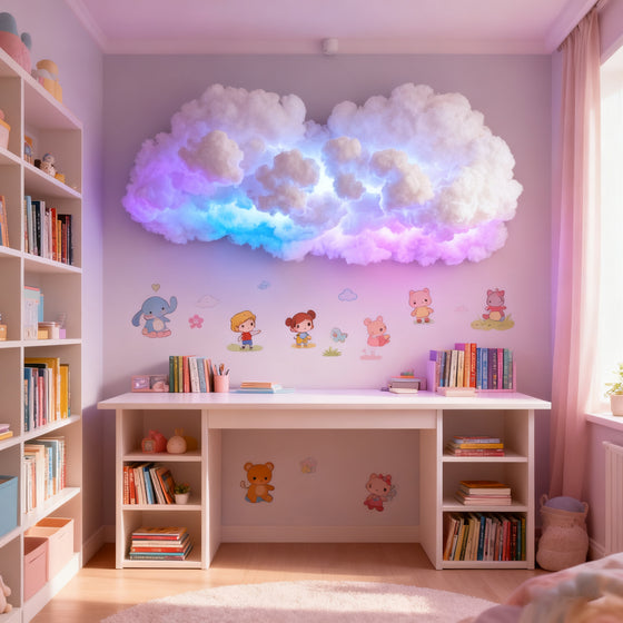 Pastel cloud lamp above a kids desk and bookshelves