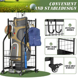 Golf bag storage rack holding two bags in garage