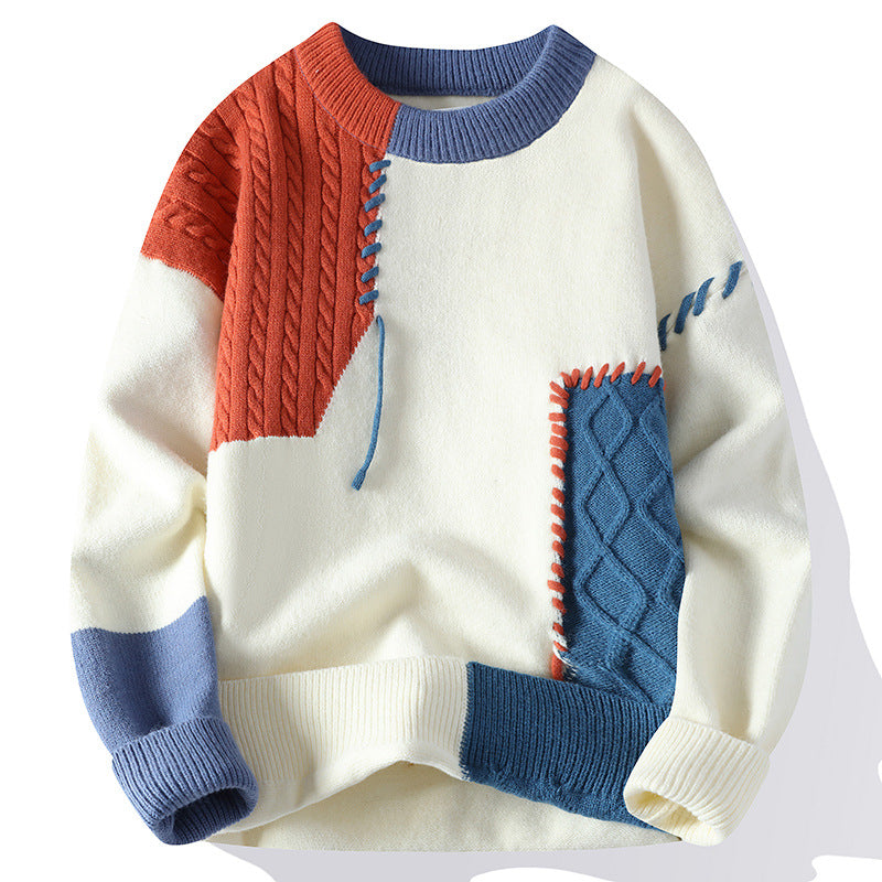 Loose patchwork knit pullover sweater with round neck, photo 4