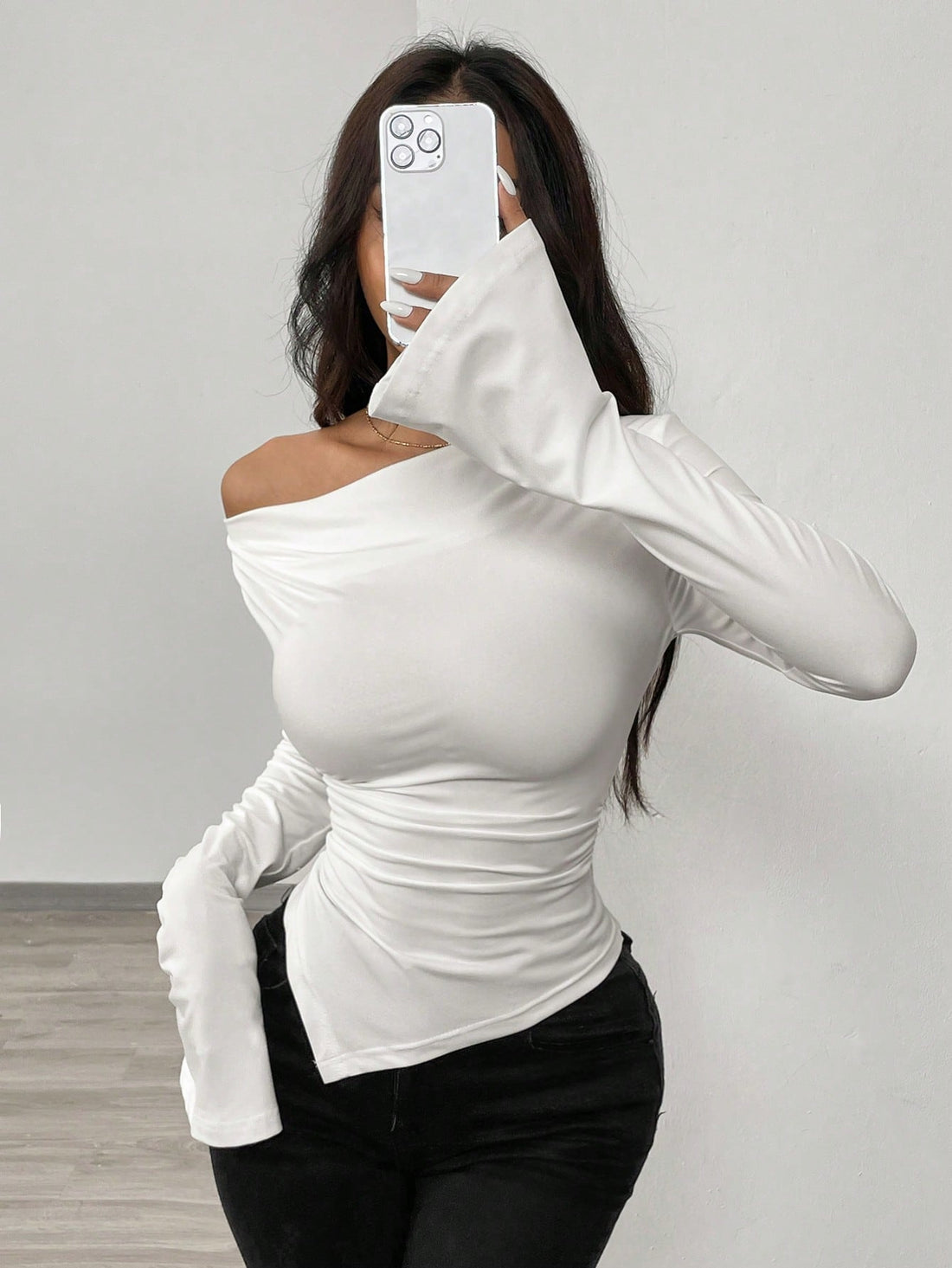 Women's off-shoulder ruched slim fit long sleeve knit top, photo 1