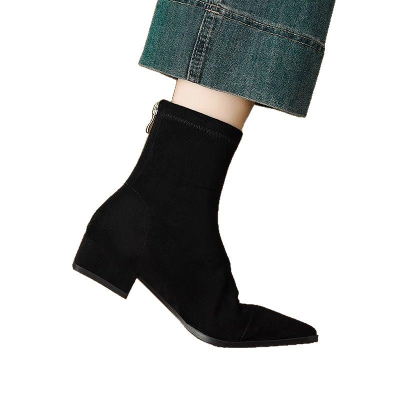 Flat French Point Toe Boots Thick Heeled