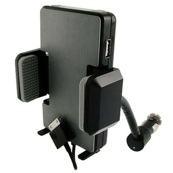 FM transmitter plugged into 12V socket with phone mounted