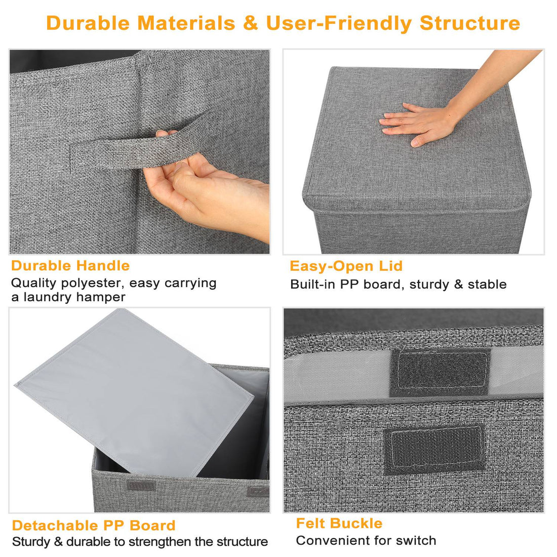 Close-ups of hamper handle, lid, base board and tab